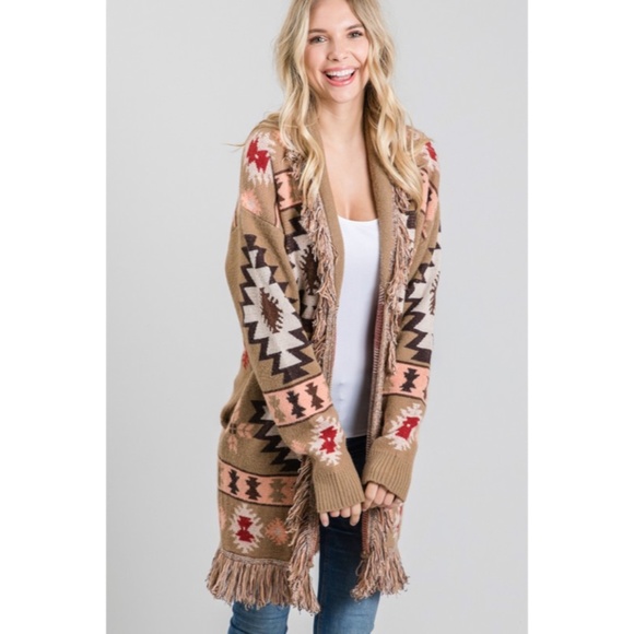 SOLD OUT Taupe Western Native Tribal Aztec Boho Fringe Knit Open Cardigan - Picture 2 of 3